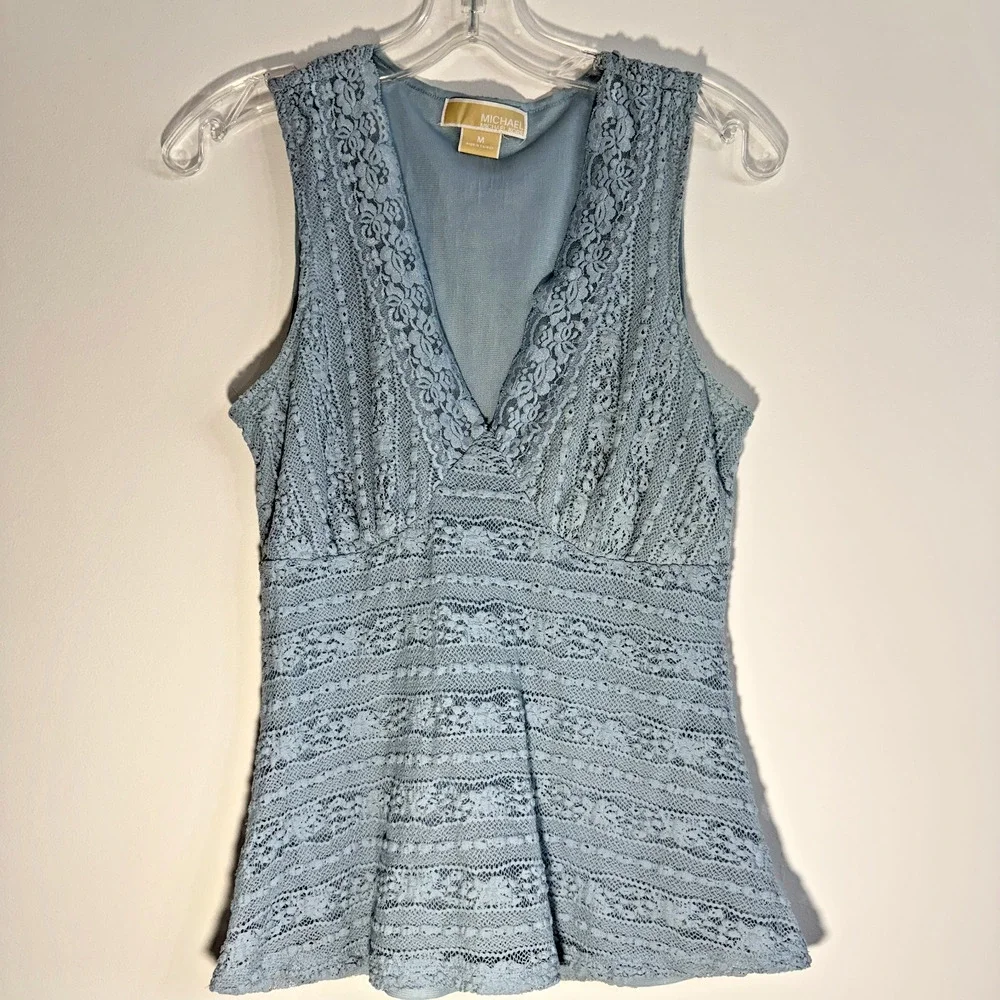 Michael Kors Lace‎ V-Neck Sleeveless Peplum Top Womens Size M Blue Romantic Boho